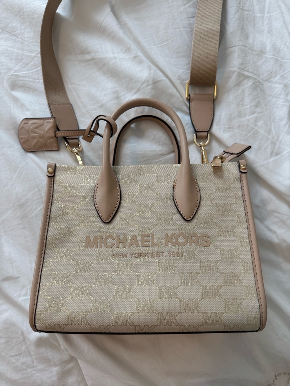 Michael Kors Cream & Tan Logo Satchel with Gold-Tone Accents